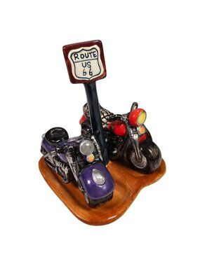 Route 66 Motorcycles Ceramic Salt & Pepper Shaker Set With Stand
